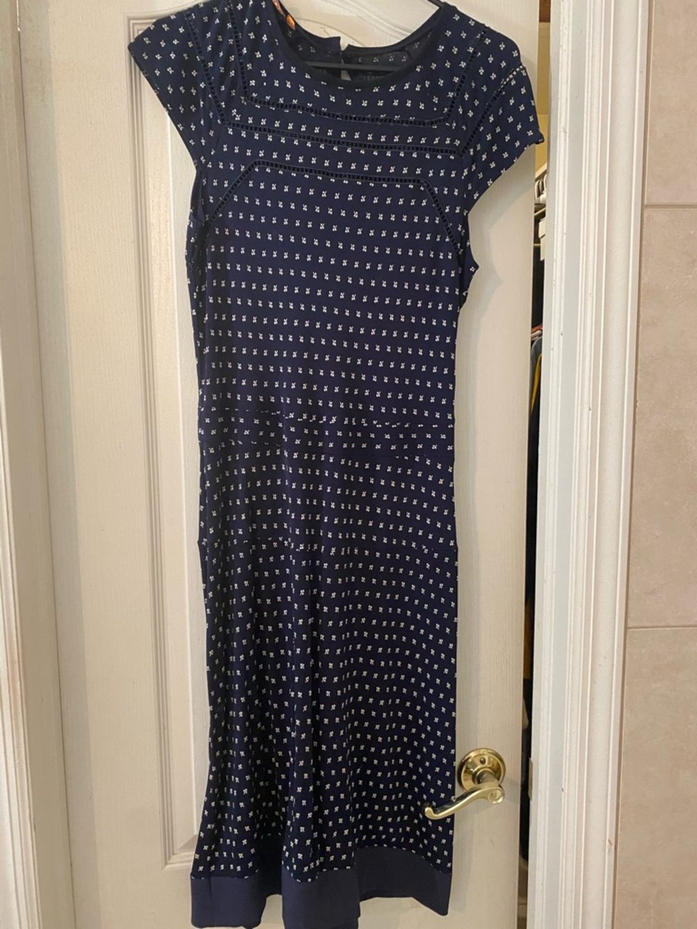 Tory Burch Navy Printed Cap-Sleeve Midi Dress